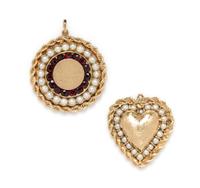 A Collection of 14 Karat Yellow Gold, Cultured Pearl and Garnet Charm Pendants, 23.30 dwts.