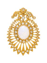 A Yellow Gold, Opal and Diamond Pendant/Brooch,