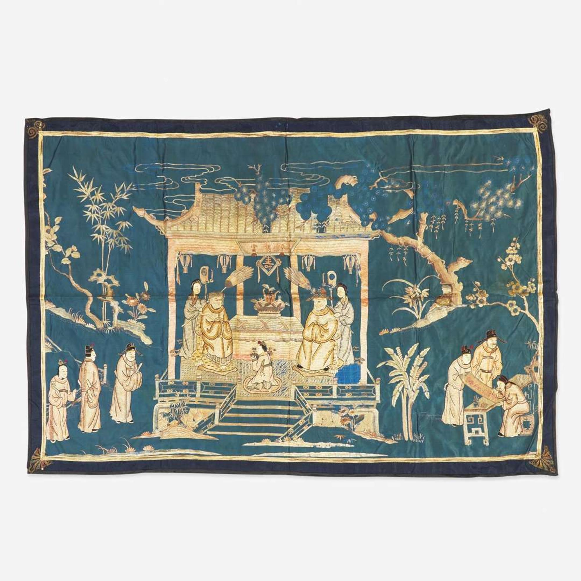 A group of three Chinese embroidered silk textiles 刺繡一組三件 Qing dynasty ?