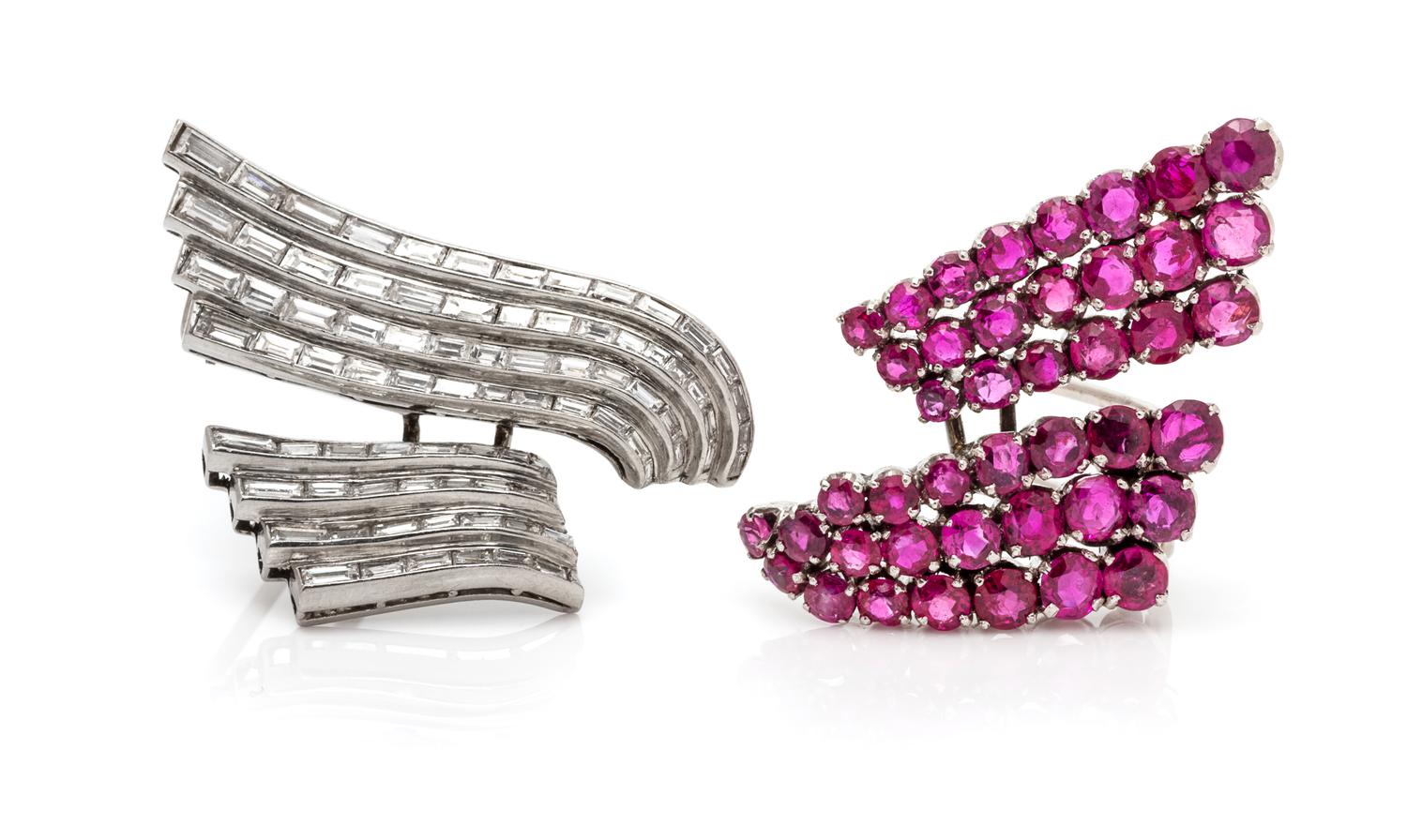 A Pair of Platinum, Ruby and Diamond Clip Brooches, Drayson London, 18.70 dwts.