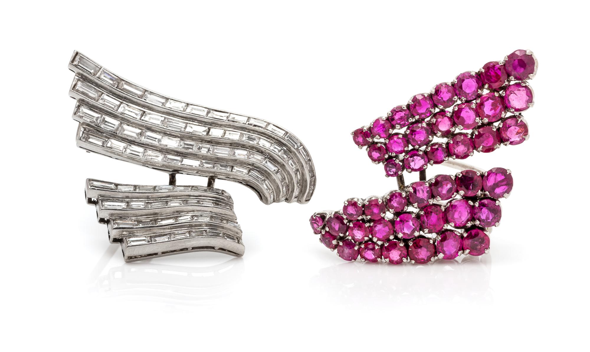 A Pair of Platinum, Ruby and Diamond Clip Brooches, Drayson London, 18.70 dwts.