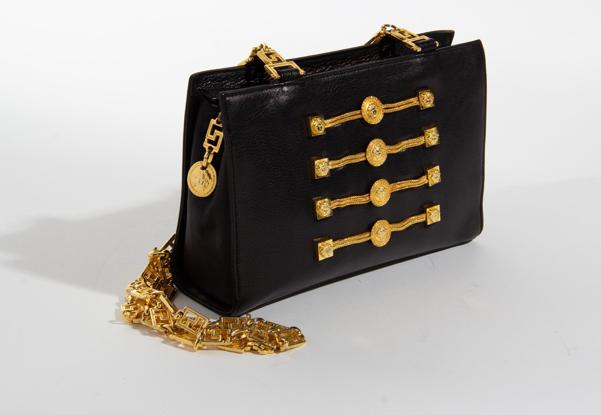 A Gianni Versace Black Leather Chain Shoulder Bag, 9.25" x 6.25" x 2.75"; Strap drop: 18.75".