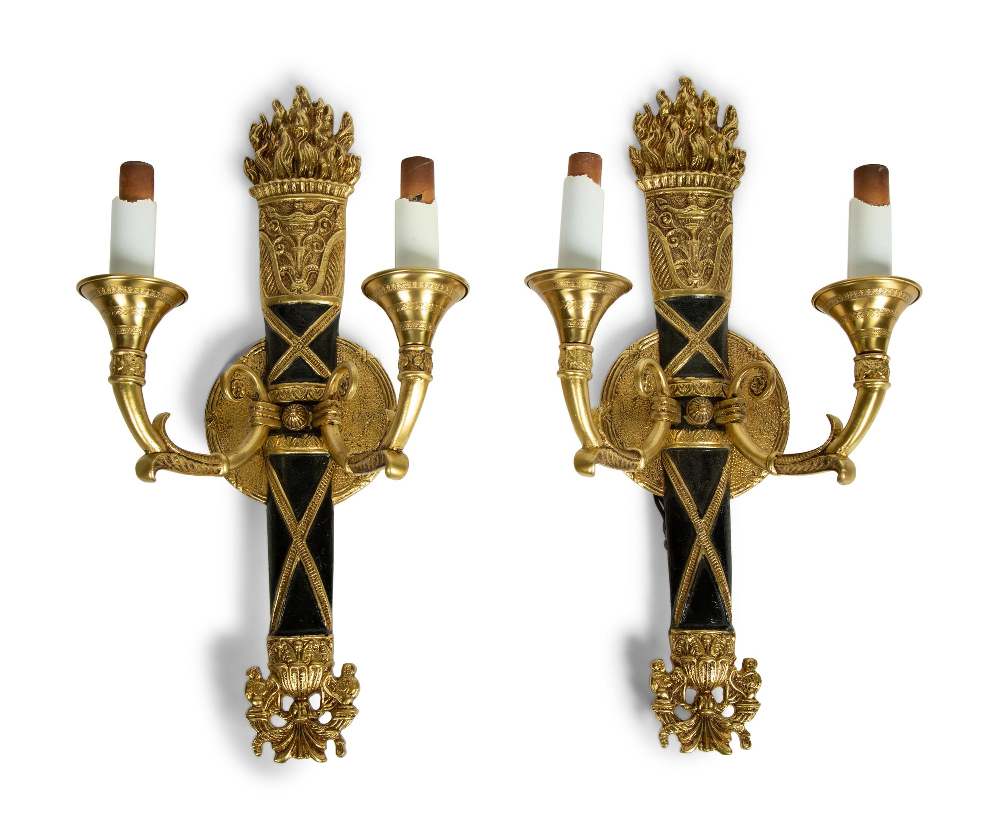 A Set of Four Empire Style Two-Light Brass and Ebonized Sconces — 20TH CENTURY