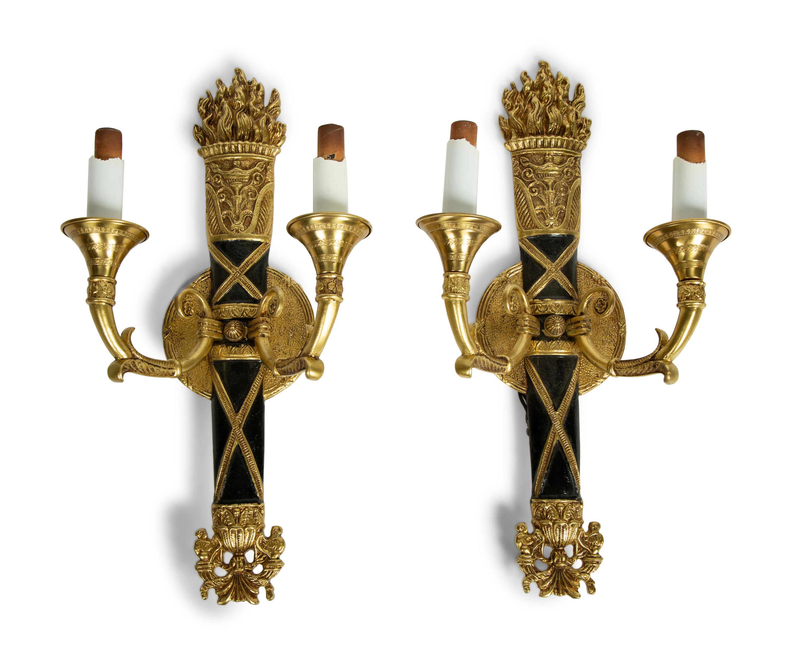 A Set of Four Empire Style Two-Light Brass and Ebonized Sconces — 20TH CENTURY