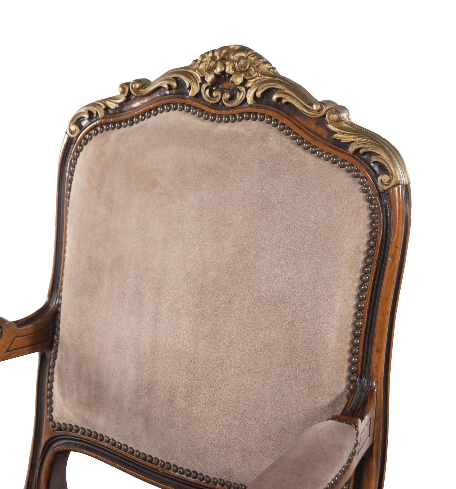 A Pair of Continental Parcel Gilt Armchairs with Suede Upholstery