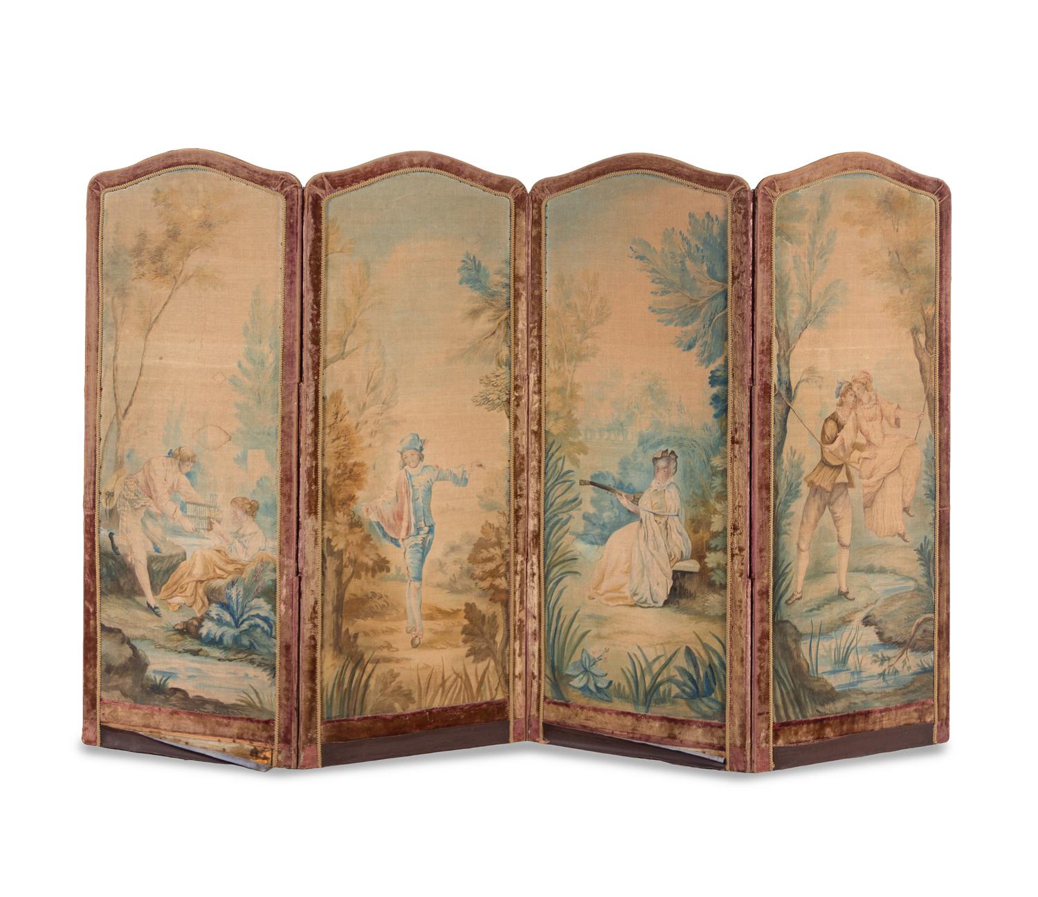 A French Painted Canvas Four-Panel Floor Screen