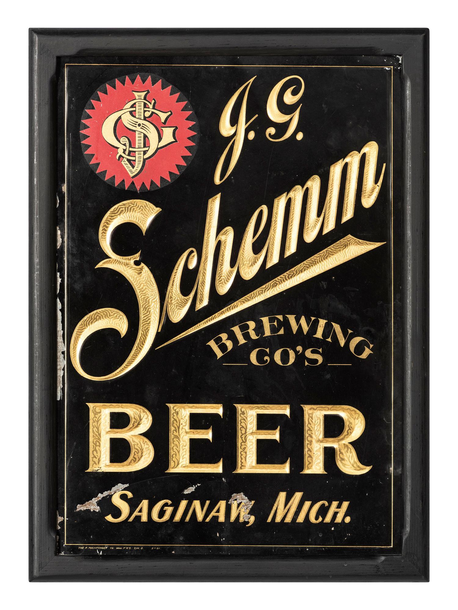 A J.G. Schemm Brewing Company Embossed and Painted Tin Advertising Sign