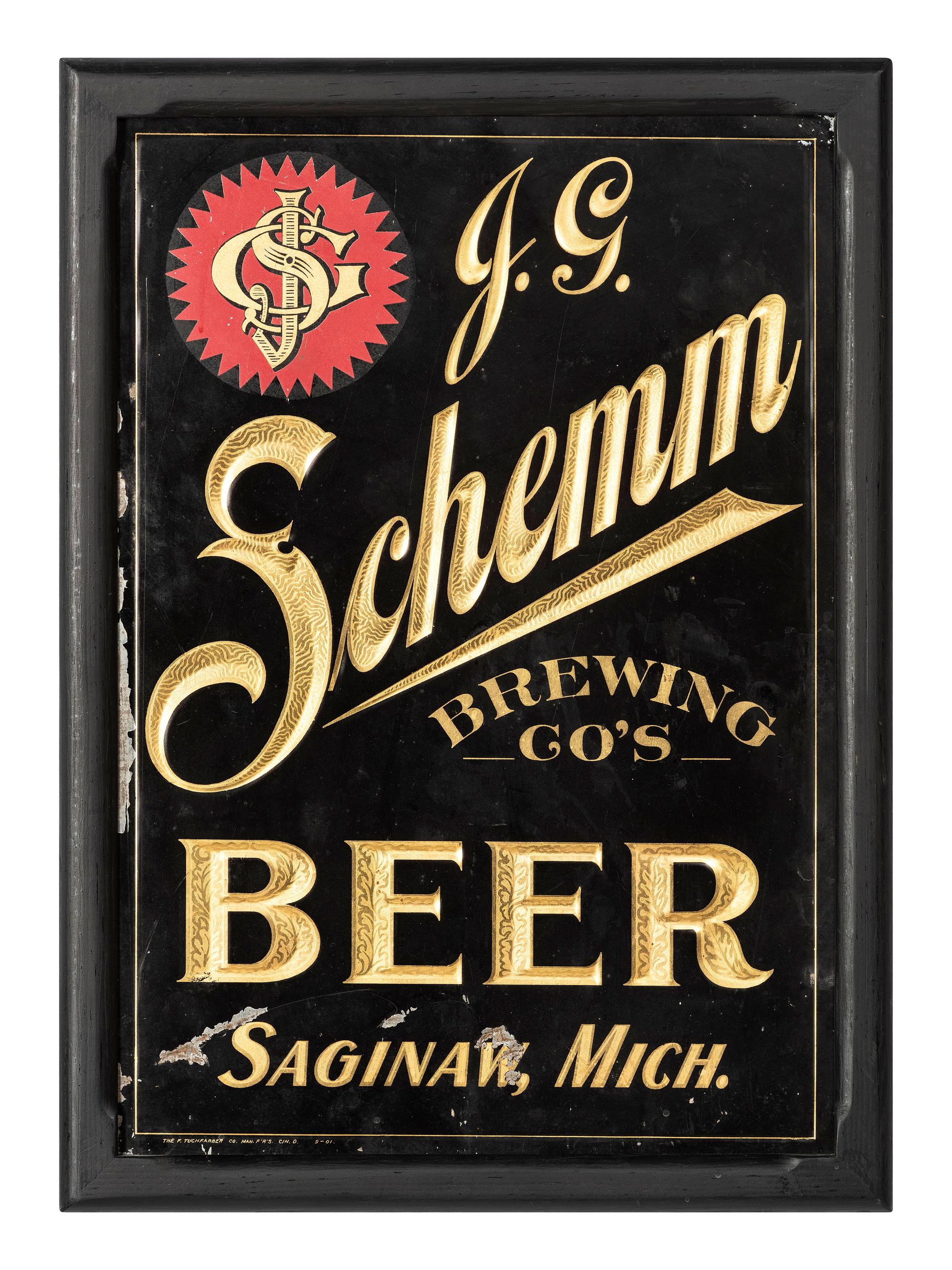 A J.G. Schemm Brewing Company Embossed and Painted Tin Advertising Sign