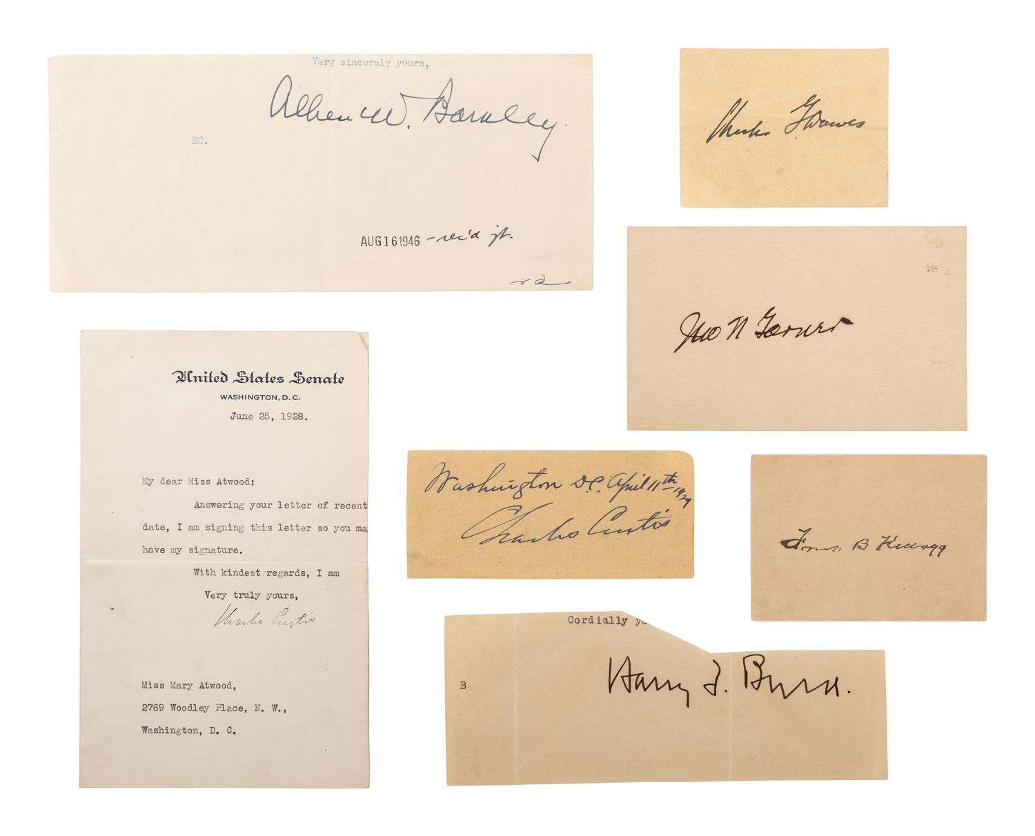 [POLITICS]. A group of presidential and vice presidential autographs and memorabilia, including TAFT, HARDING, COOLIDGE, HOOVER, TRUMAN, and FORD.