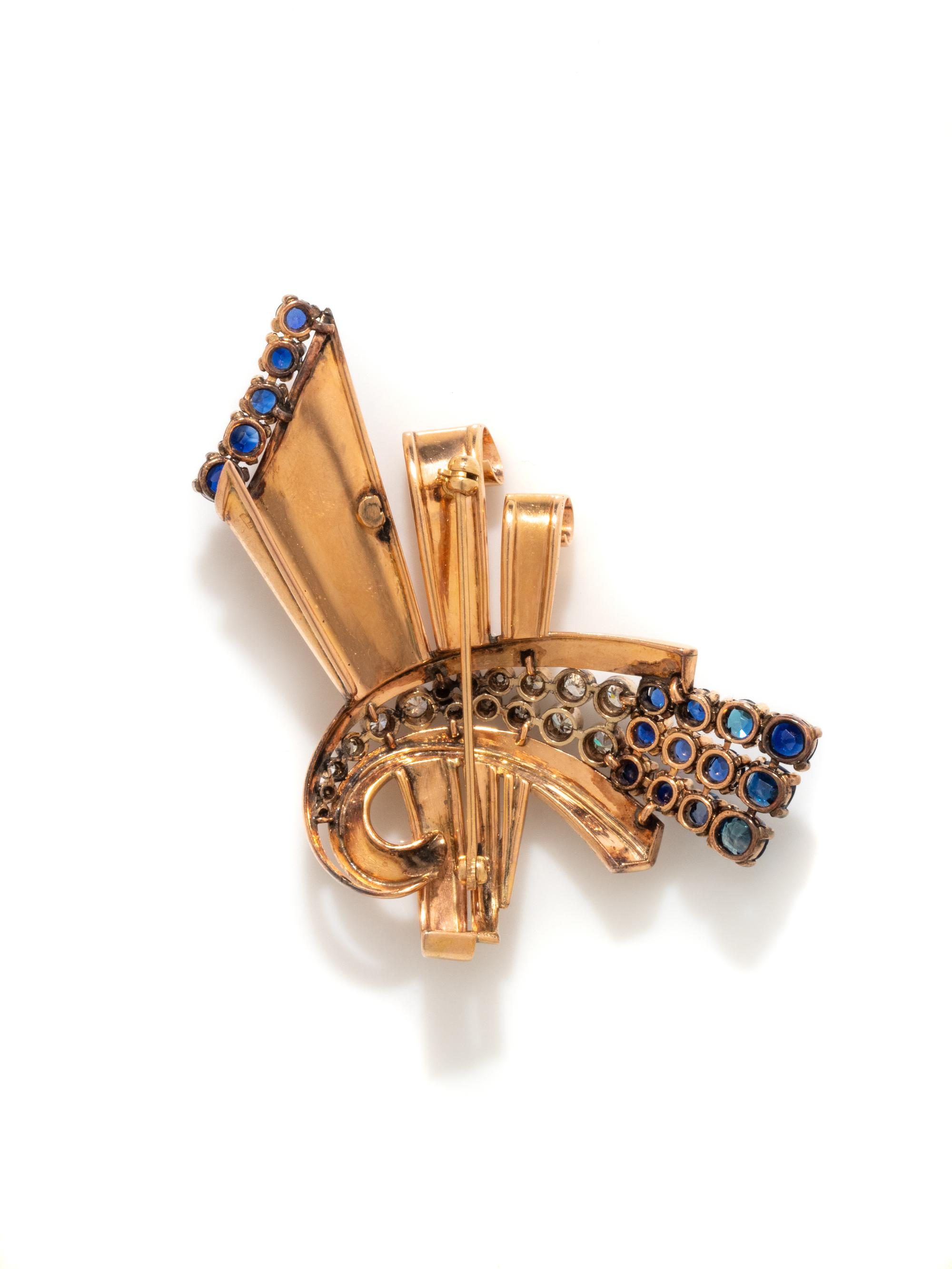 RETRO, SAPPHIRE, DIAMOND, AND GOLD BROOCH