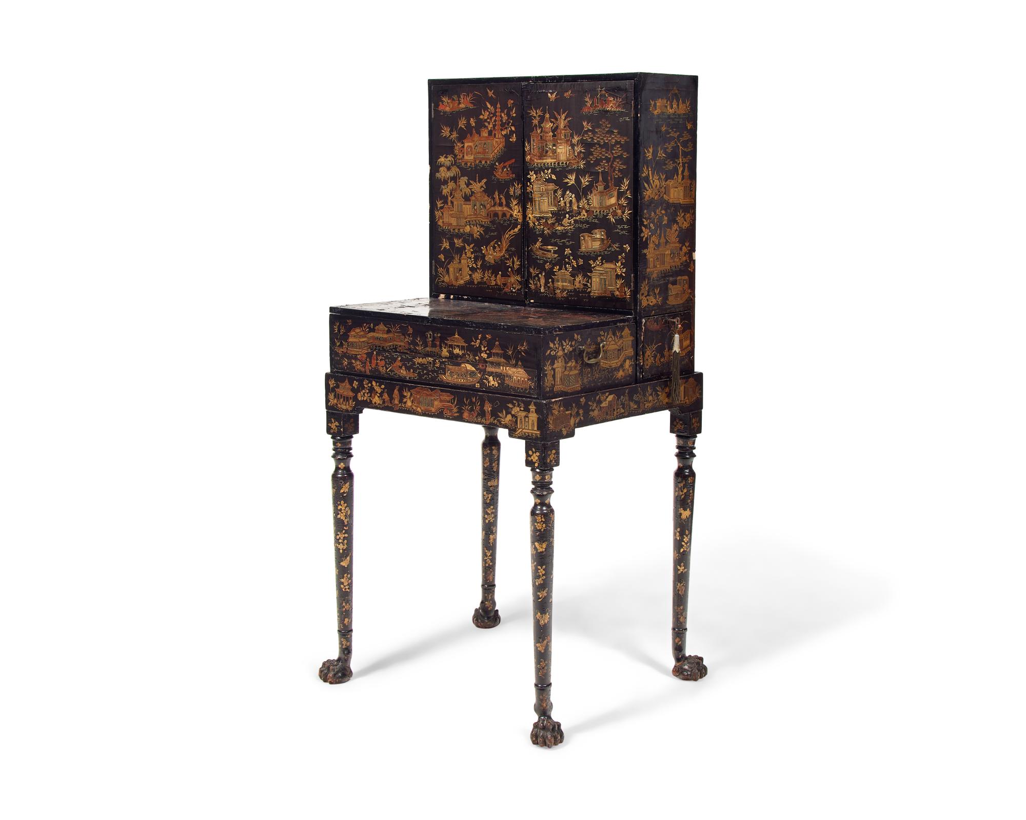 A Chinese Export Black Lacquer and Parcel-Gilt Cabinet and Work Table