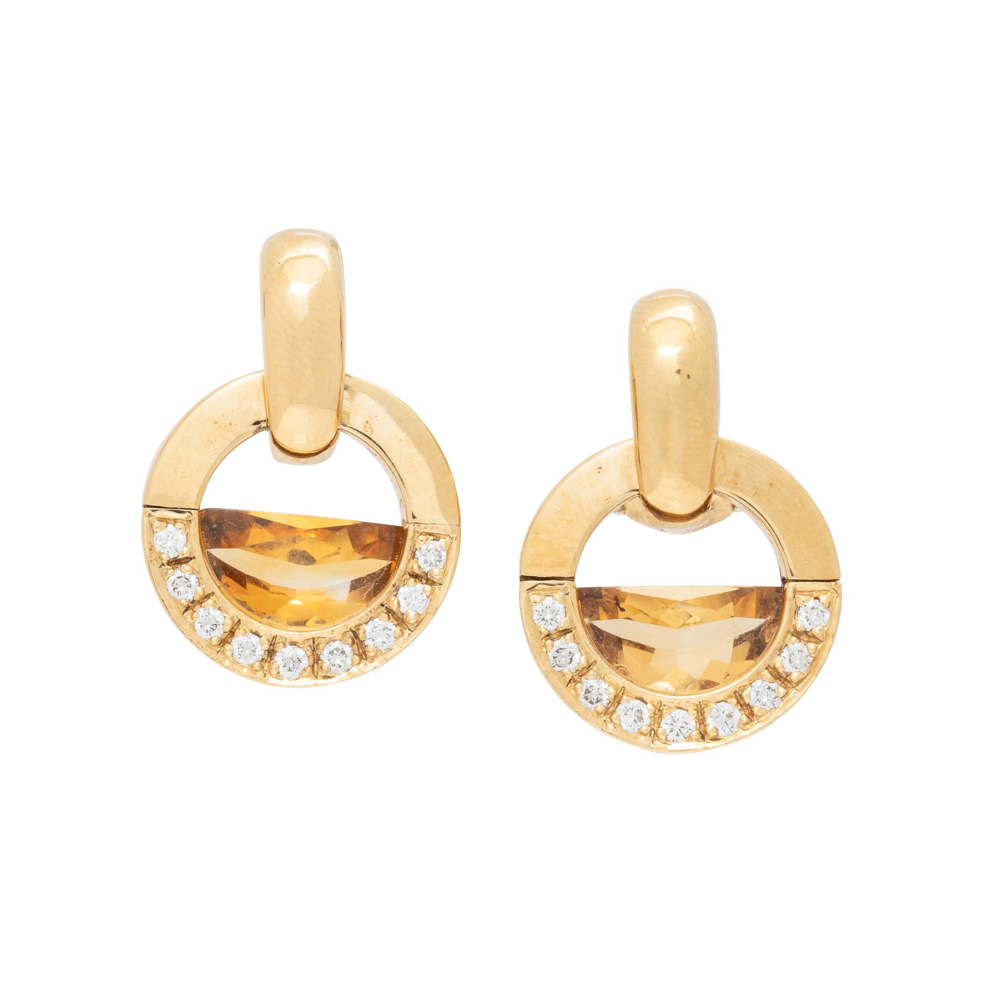 MOVADO, YELLOW GOLD, CITRINE AND DIAMOND RING AND EARCLIPS