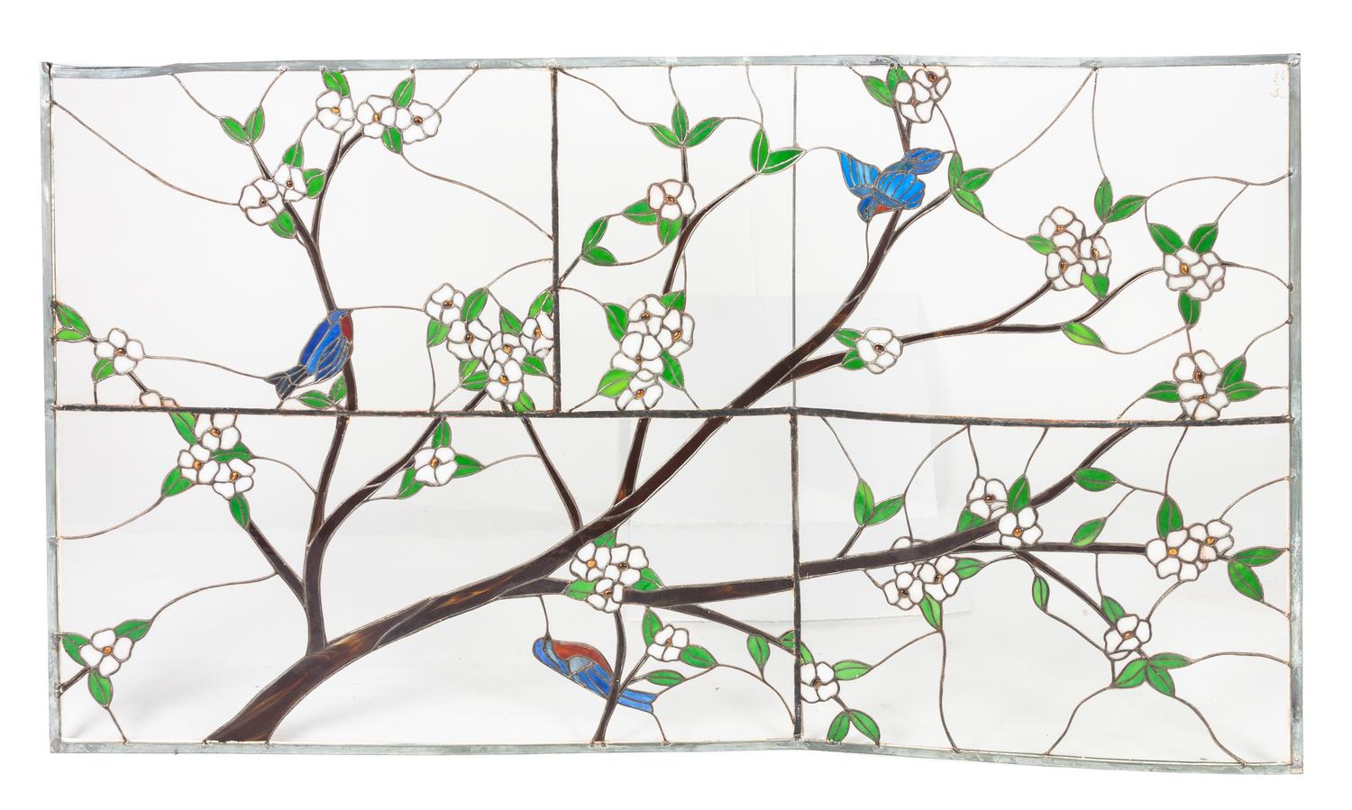 An Art Noveau Style Leaded Glass Panel 60 3/4 x 35 inches.