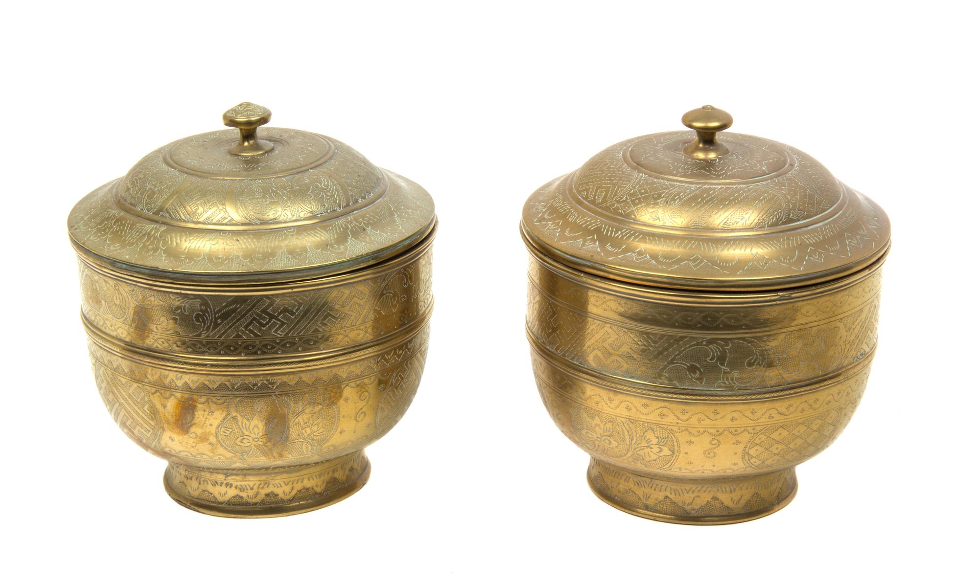 A Pair of Southeast Asian Brass Covered Spice Boxes Height 7 1/4 inches.