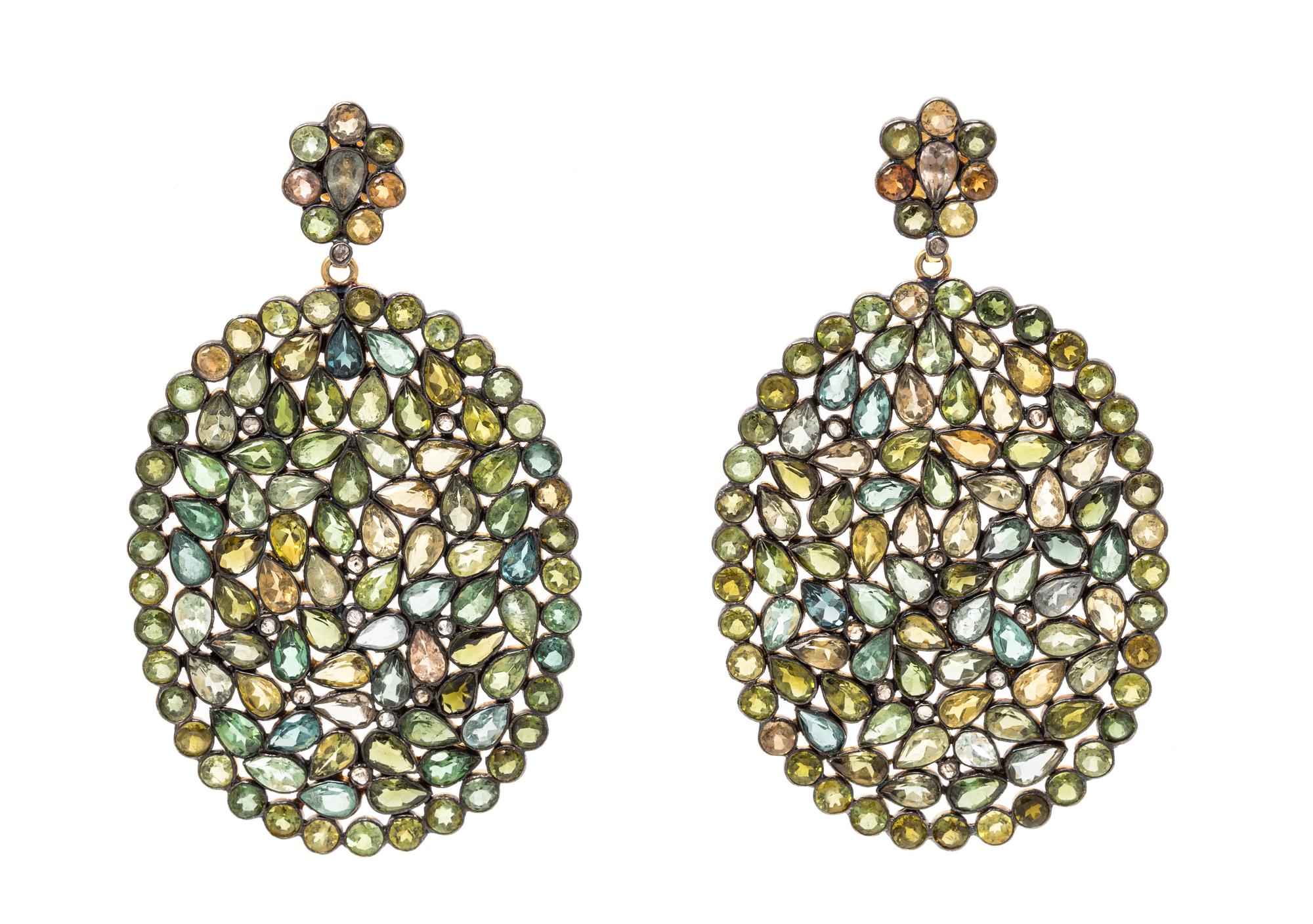 A Pair of Gilt Silver, Multicolor Sapphire and Diamond Pendant Earrings, 14.30 dwts.