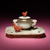 A Chinese Carved Pale Celadon Jade Cup and Stand Mounted as an Inkwell, 19th-20th Century — 晚清-民國 青白玉刻龍紋杯碟改墨水瓶