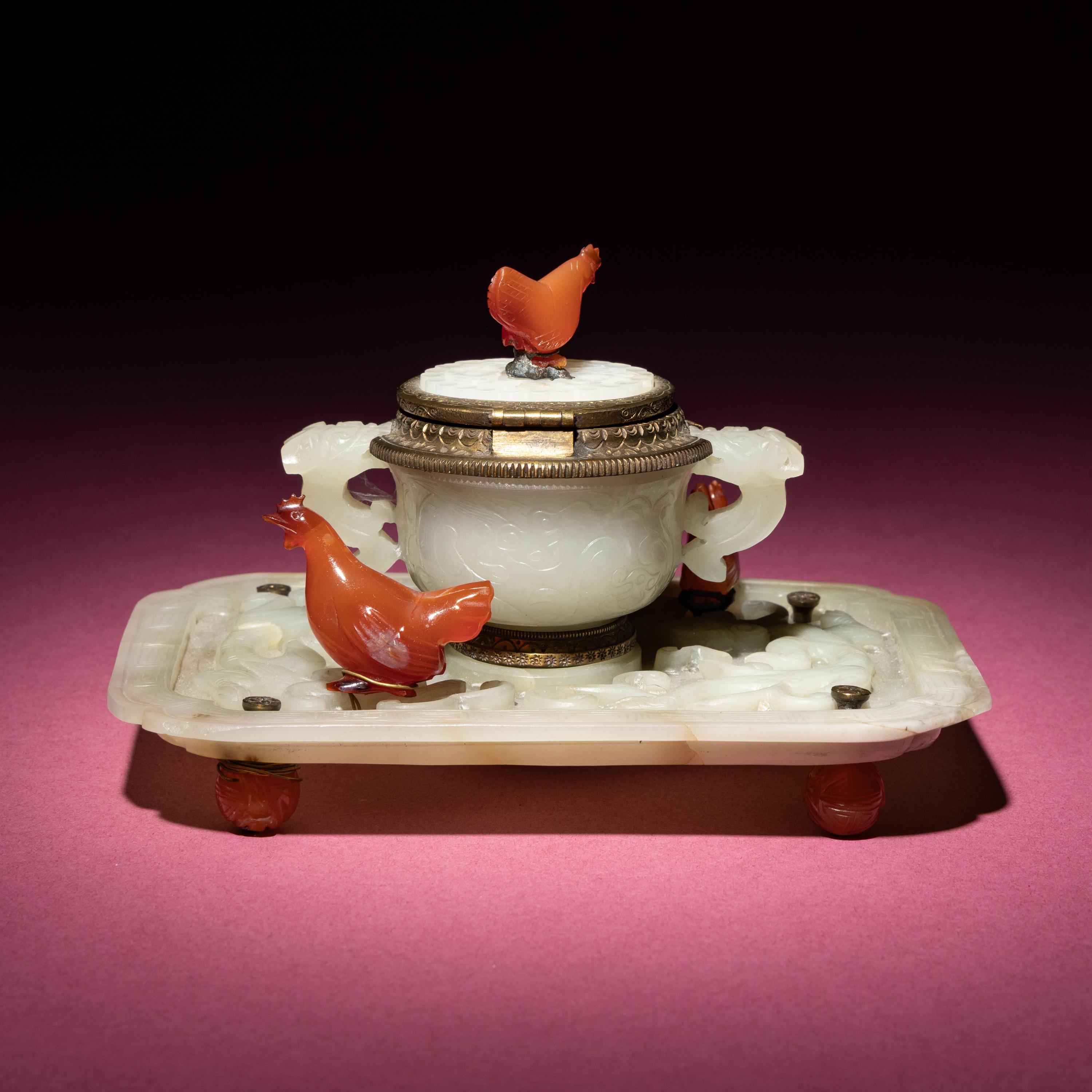 A Chinese Carved Pale Celadon Jade Cup and Stand Mounted as an Inkwell, 19th-20th Century — 晚清-民國 青白玉刻龍紋杯碟改墨水瓶