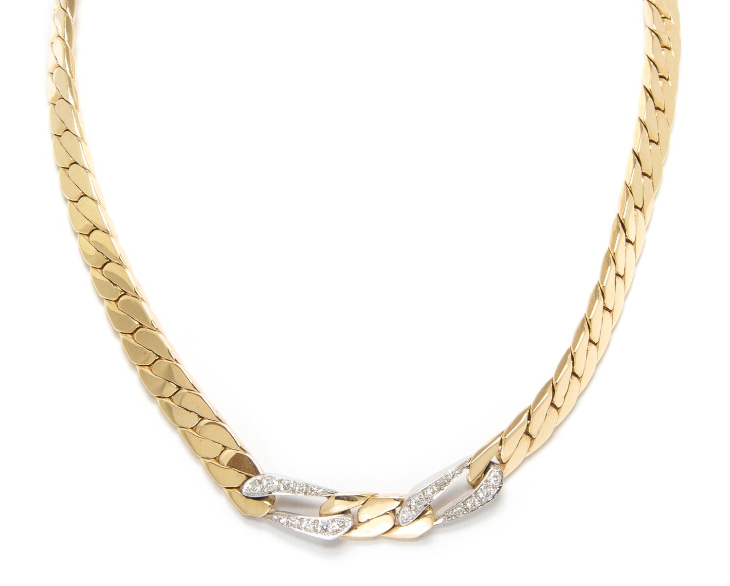 A Gold and Diamond Curb Link Necklace, 42.10 dwts.