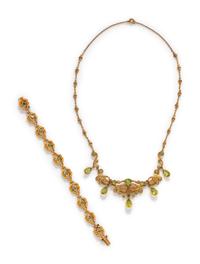 ANTIQUE, YELLOW GOLD AND PERIDOT NECKLACE AND BRACELET