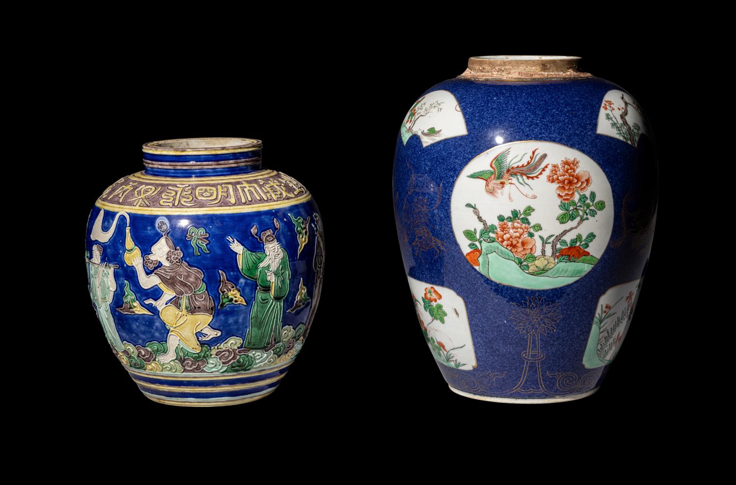 Two Chinese Blue Ground Porcelain Globular Jars