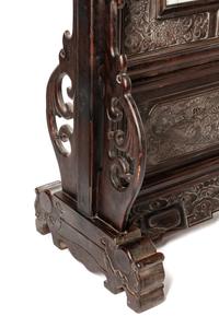 A Chinese Export Porcelain and Carved Hardwood Five-Panel Floor Screen