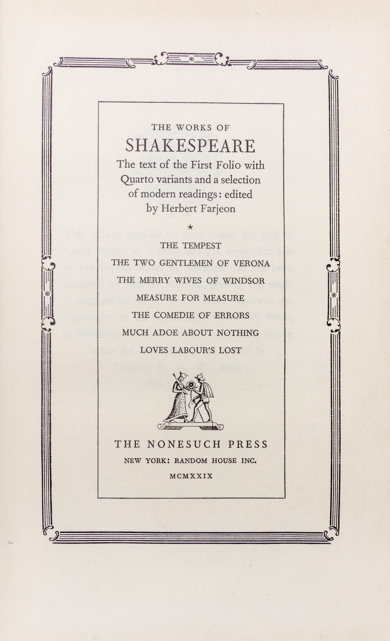 (NONESUCH PRESS) SHAKESPEARE, WILLIAM. The Works. London, 1929-1933. Limited. 7 vols.