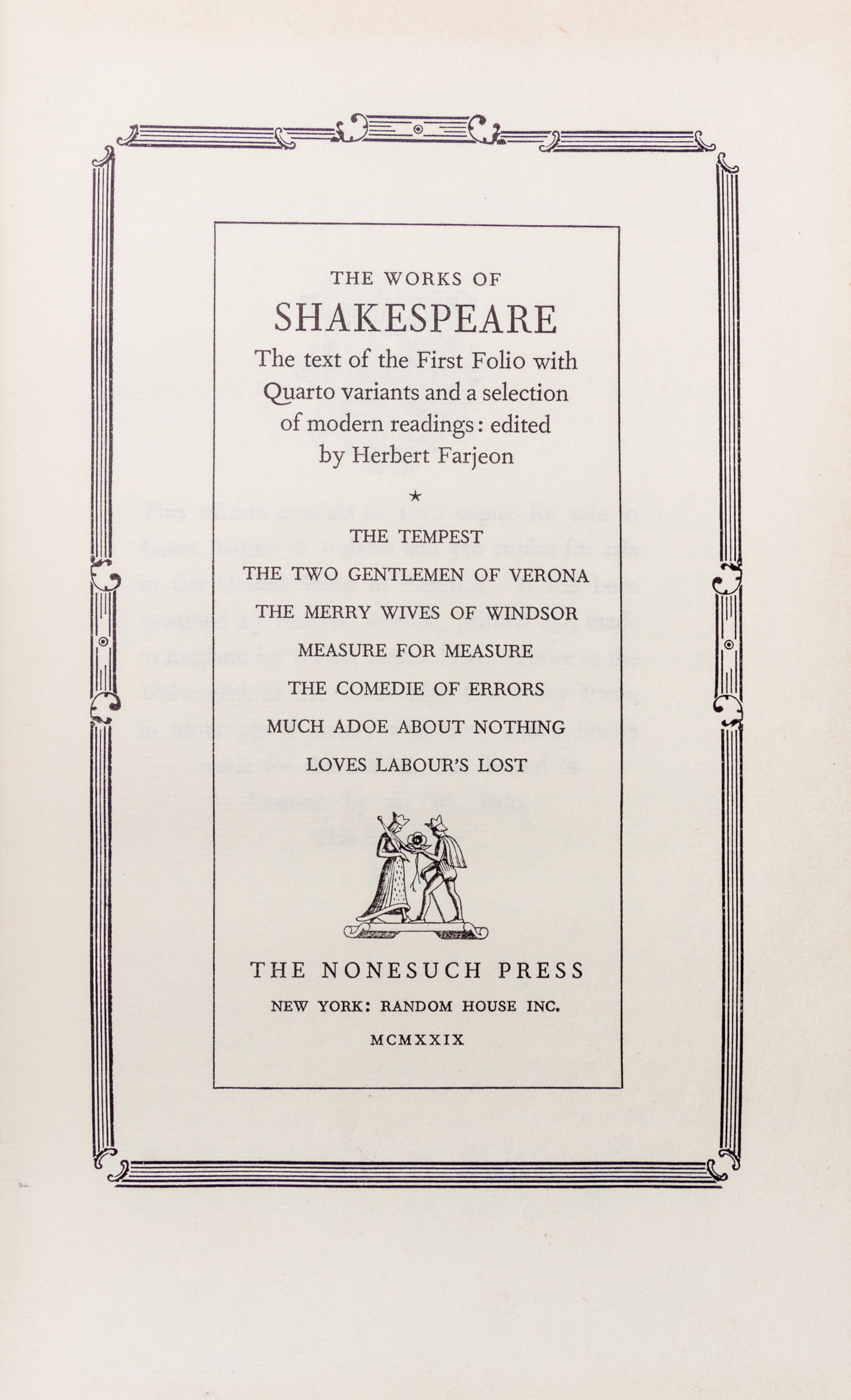 (NONESUCH PRESS) SHAKESPEARE, WILLIAM. The Works. London, 1929-1933. Limited. 7 vols.