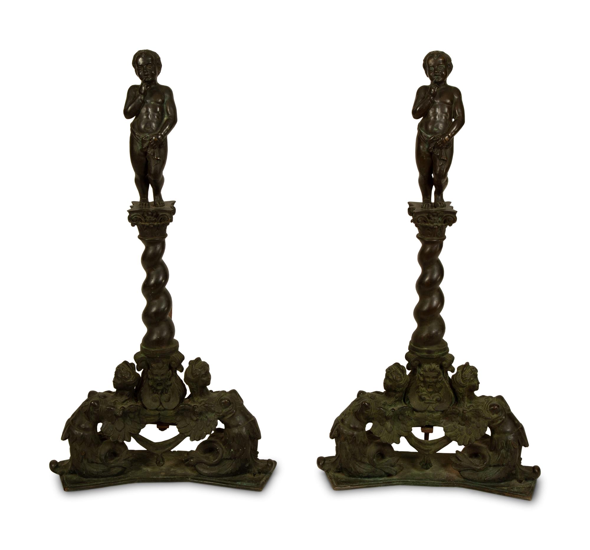 A Pair of Continental Baroque Style Bronze Figural Andirons — 19TH/20TH CENTURY