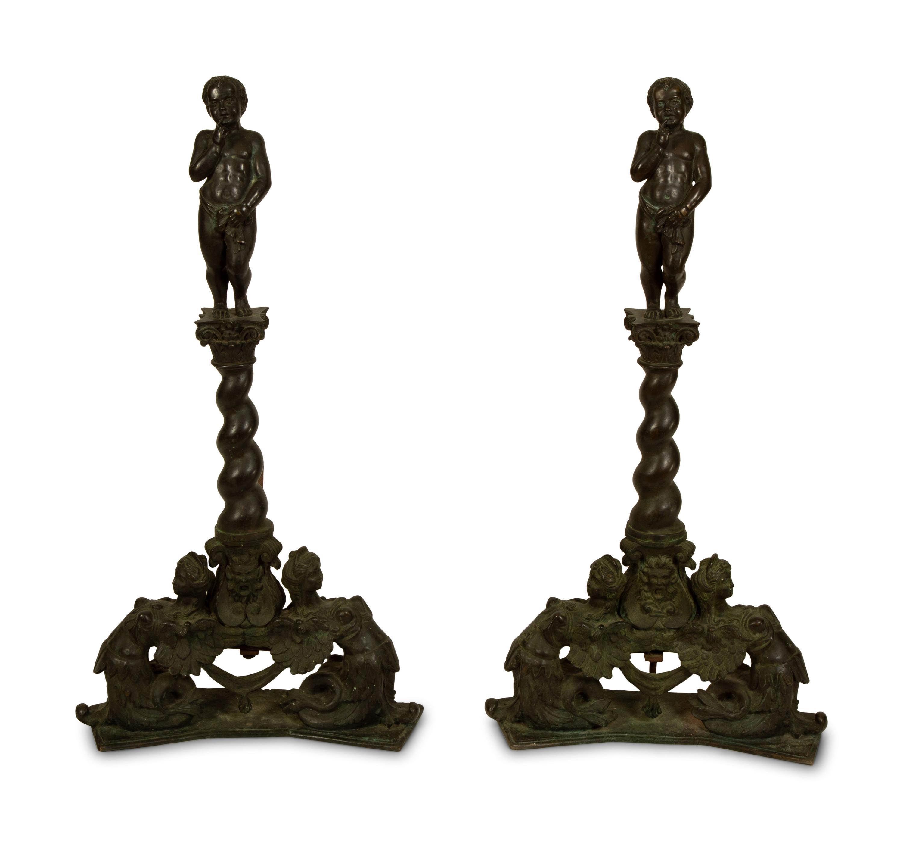 A Pair of Continental Baroque Style Bronze Figural Andirons — 19TH/20TH CENTURY