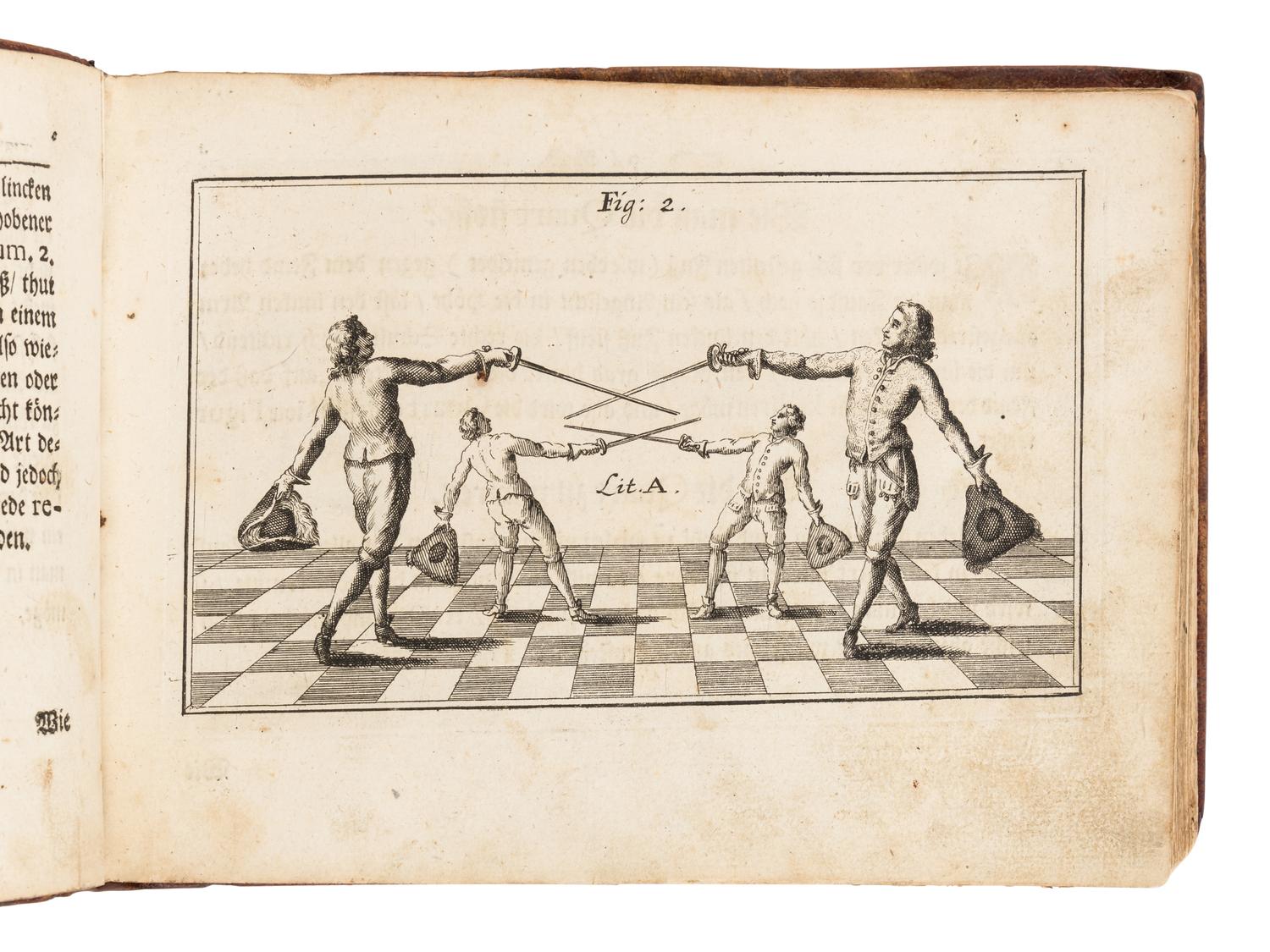 [FENCING]. DOYLE, Alexander. Neu alamodische ritterliche Fecht- und Schirm-Kunst. Das ist: Wahre und nach neuester Franzosischer Manier eingerichtete Unterweisung wie man sich in Fechten und Schirmen perfectioniren und verhalten solle . Nuremberg and Frankfort: Paul Lochnern, 1715.