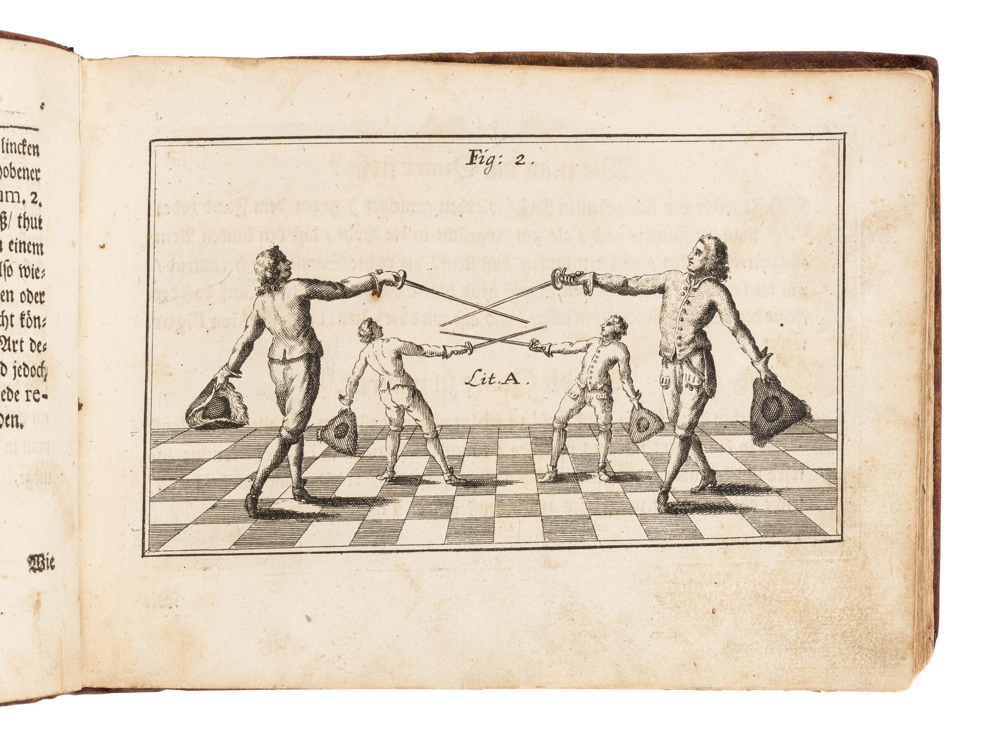 [FENCING]. DOYLE, Alexander. Neu alamodische ritterliche Fecht- und Schirm-Kunst. Das ist: Wahre und nach neuester Franzosischer Manier eingerichtete Unterweisung wie man sich in Fechten und Schirmen perfectioniren und verhalten solle . Nuremberg and Frankfort: Paul Lochnern, 1715.