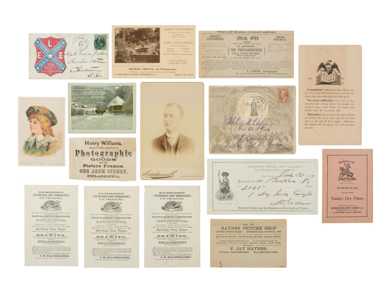 [EARLY PHOTOGRAPHY]. A large assortment of photographers' advertising cards, sheets, and signage.
