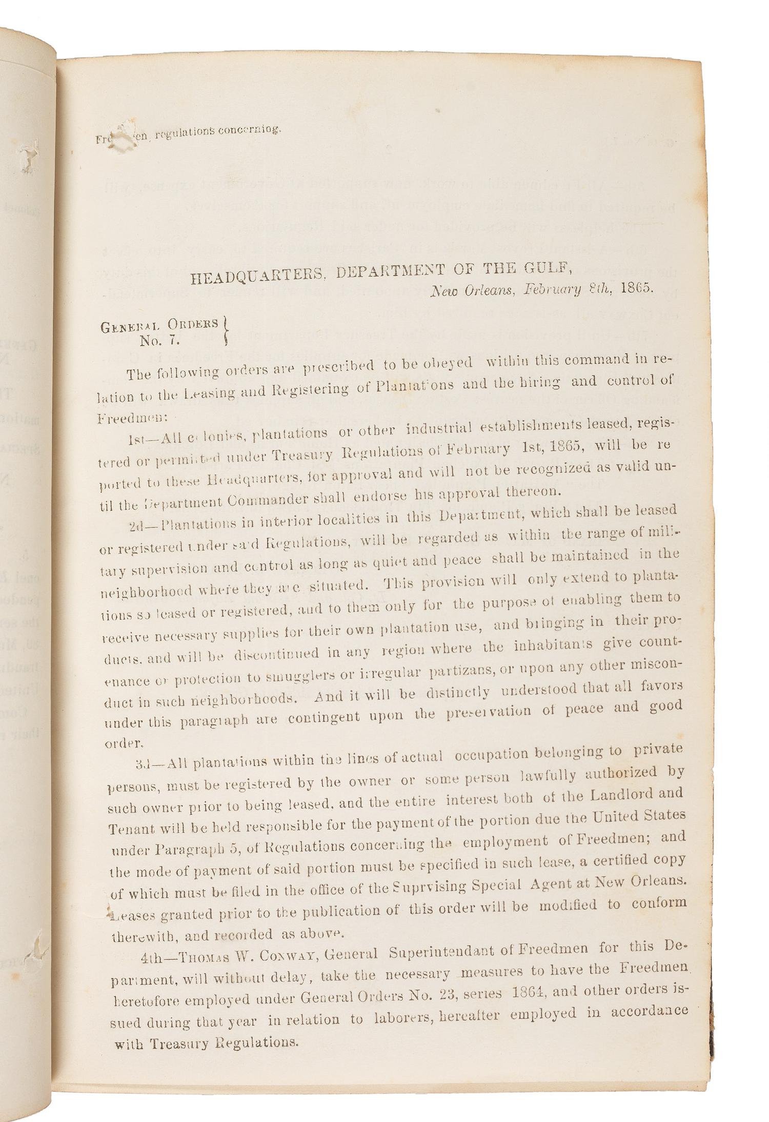 [CIVIL WAR]. Bound volume of General Orders and Circulars issued by the Department of the Gulf including orders related to Colored Troops, Freedmen, and Lincoln's Assassination, 1865.