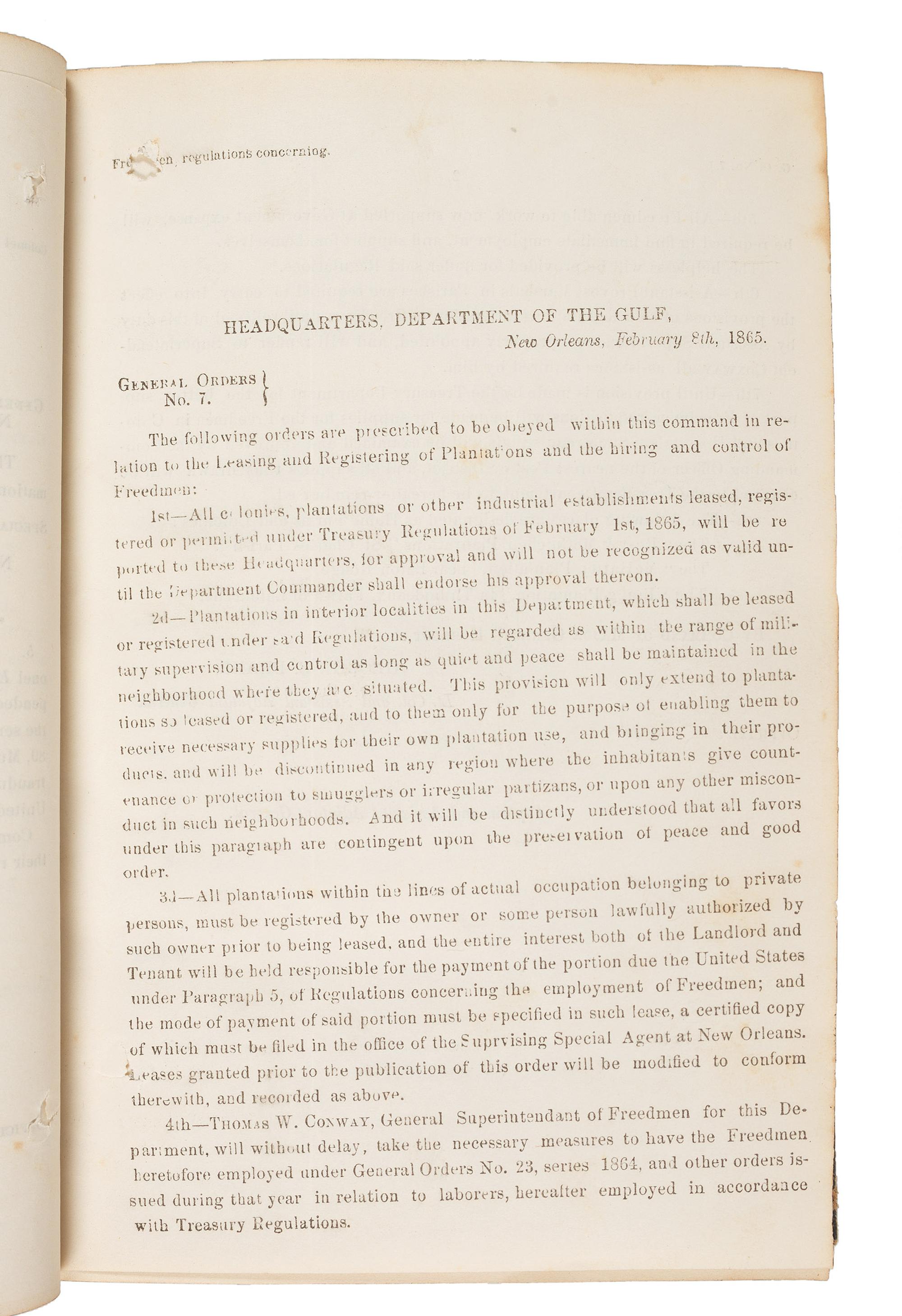 [CIVIL WAR]. Bound volume of General Orders and Circulars issued by the Department of the Gulf including orders related to Colored Troops, Freedmen, and Lincoln's Assassination, 1865.