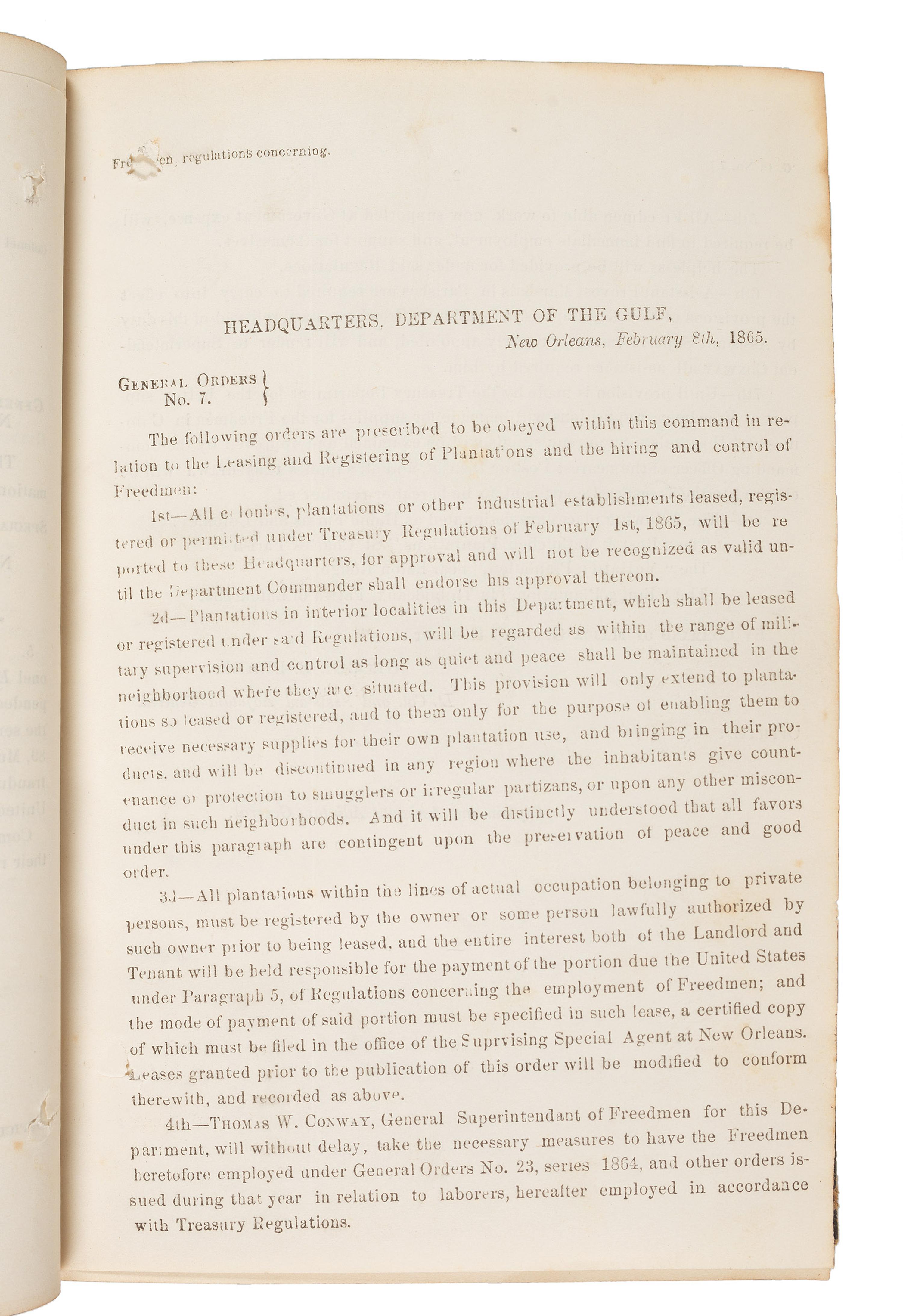 [CIVIL WAR]. Bound volume of General Orders and Circulars issued by the Department of the Gulf including orders related to Colored Troops, Freedmen, and Lincoln's Assassination, 1865.