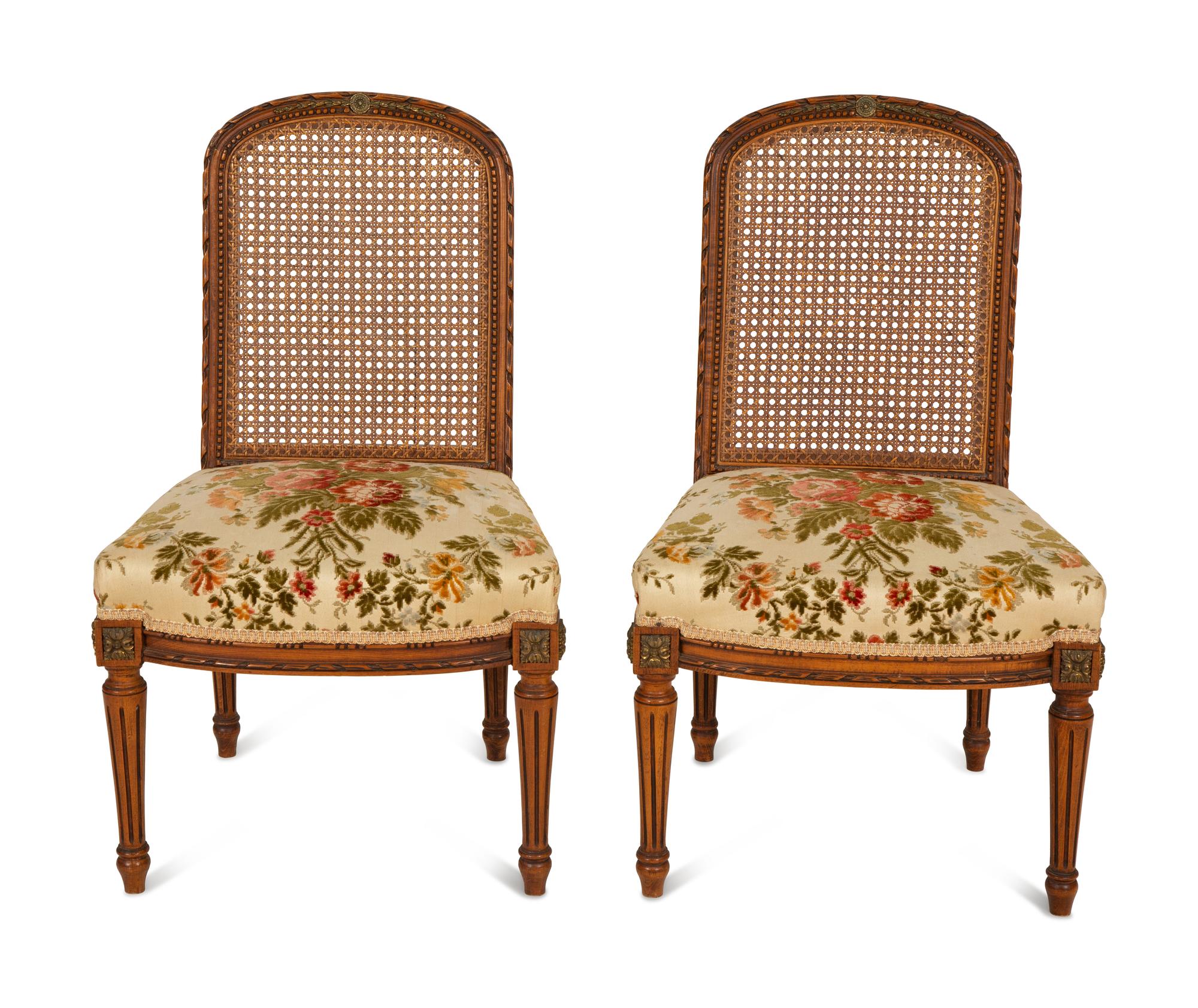 A Pair of Italian Louis XVI Style Gilt Metal Mounted Mahogany and Canework Side Chairs