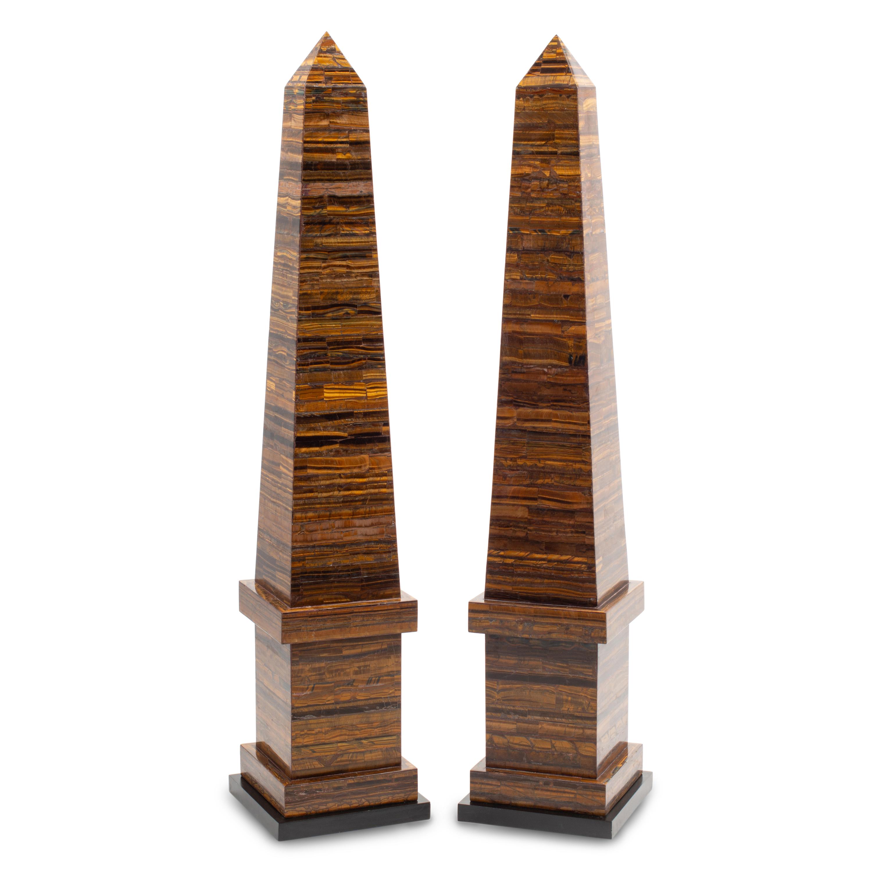 A Pair of Monumental Tiger's Eye Veneered Obelisks