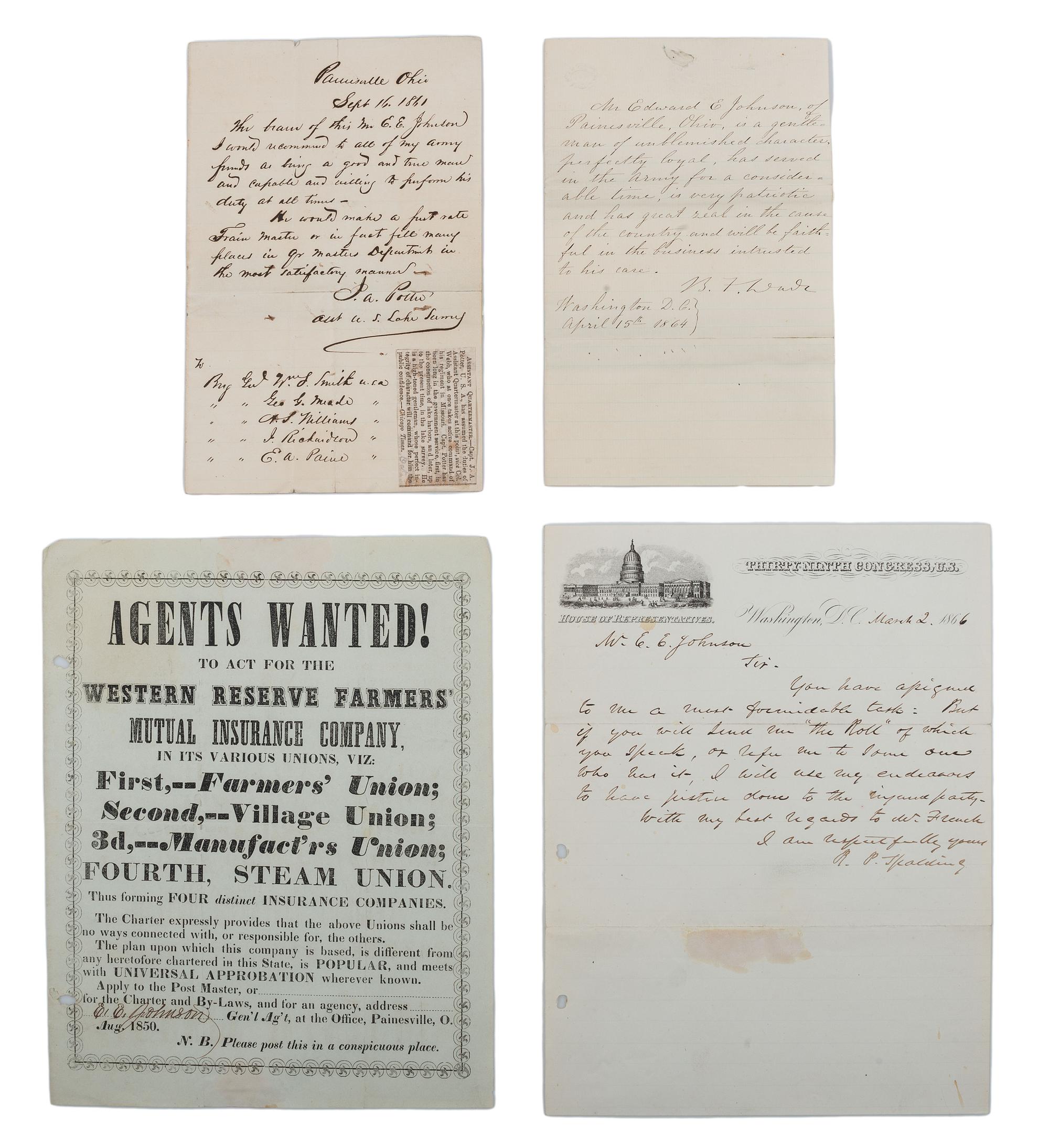 [CIVIL WAR]. A collection of documents related to Mr. Edward E. Johnson (ca 1824- ca 1901), assistant to the Reverend Horace James, Superintendent of Negro Affairs in North Carolina.