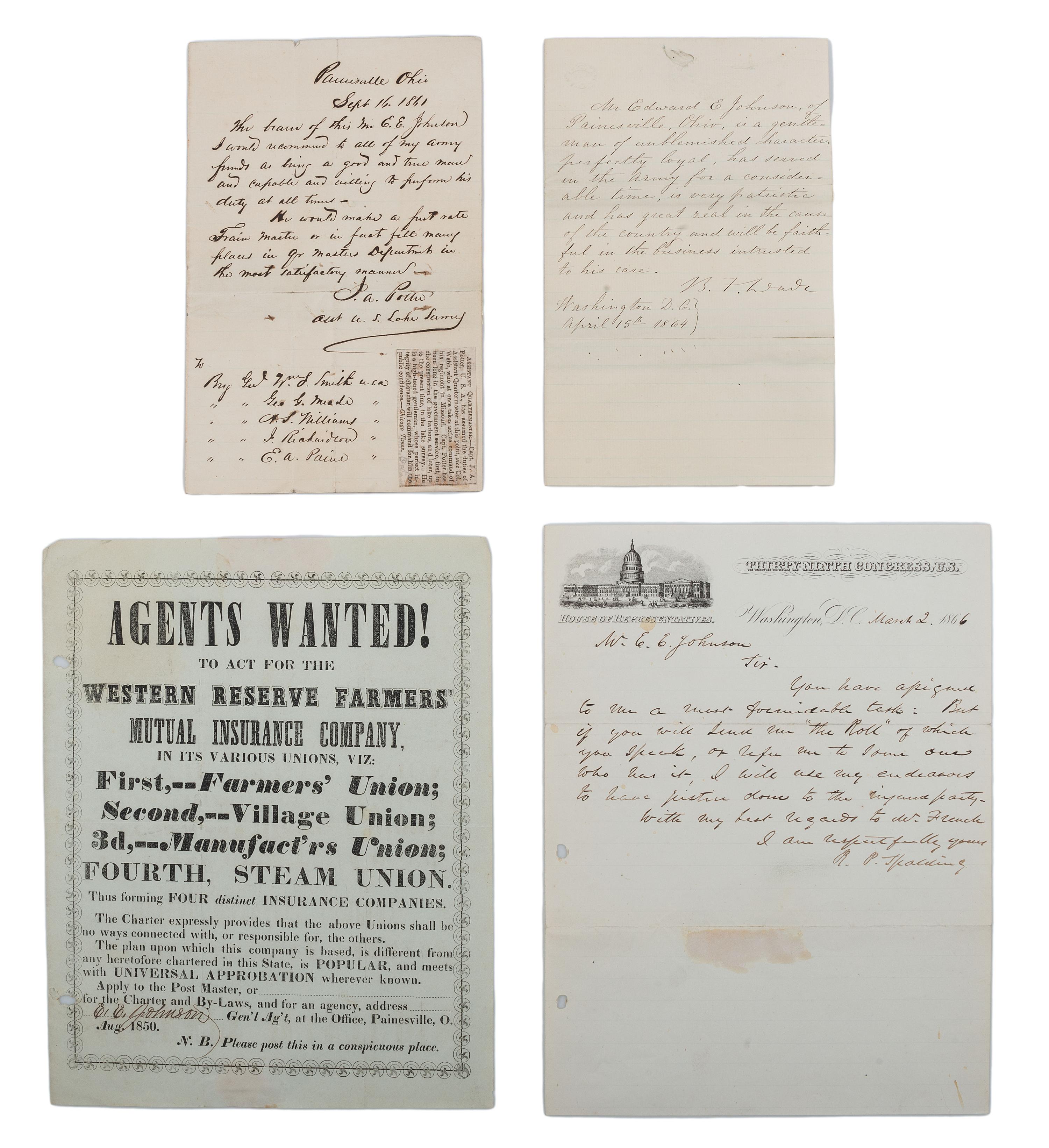 [CIVIL WAR]. A collection of documents related to Mr. Edward E. Johnson (ca 1824- ca 1901), assistant to the Reverend Horace James, Superintendent of Negro Affairs in North Carolina.