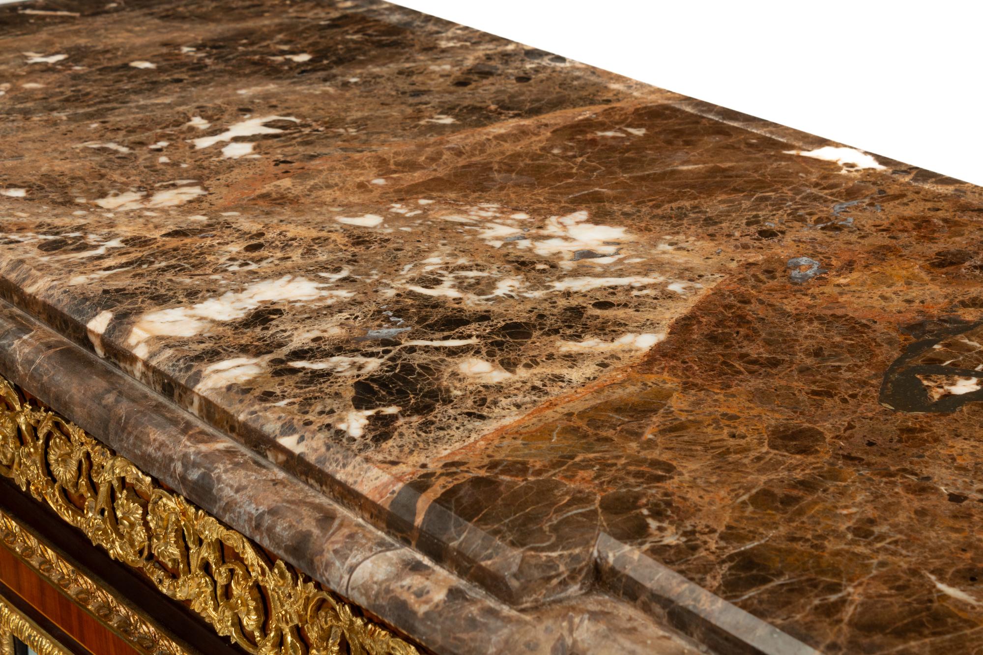 A Pair of Louis XVI Style Gilt Bronze and Porcelain Mounted Parquetry Marble-Top Console Cabinets