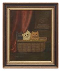 American School 19th Century, Basket with Three Kittens