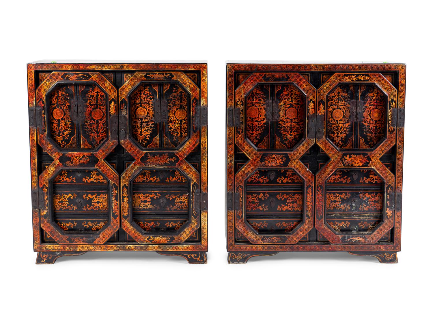 A Pair of Chinese Black and Gilt Lacquer Diminutive Apothecary Cabinets — 20TH CENTURY