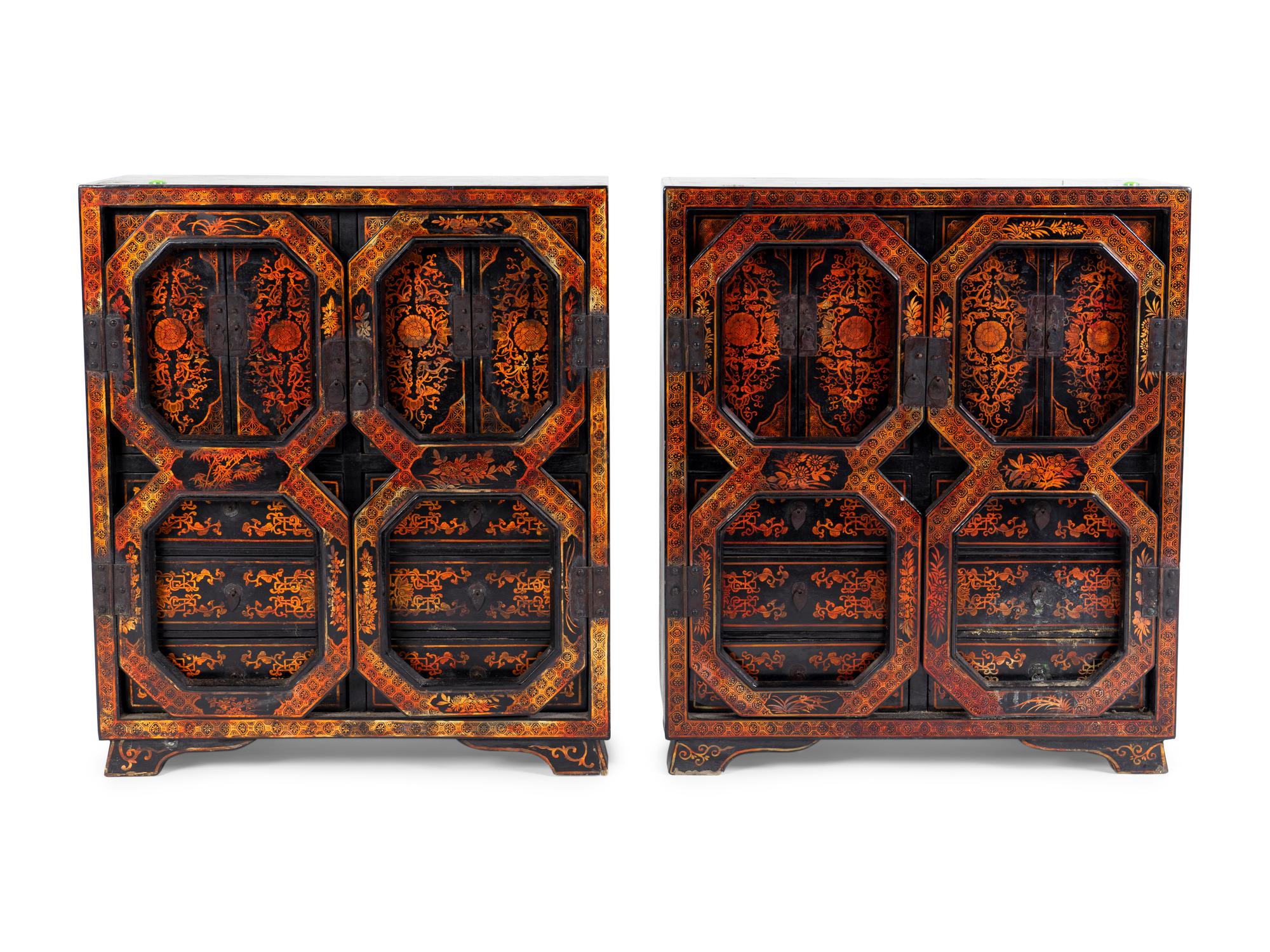A Pair of Chinese Black and Gilt Lacquer Diminutive Apothecary Cabinets — 20TH CENTURY