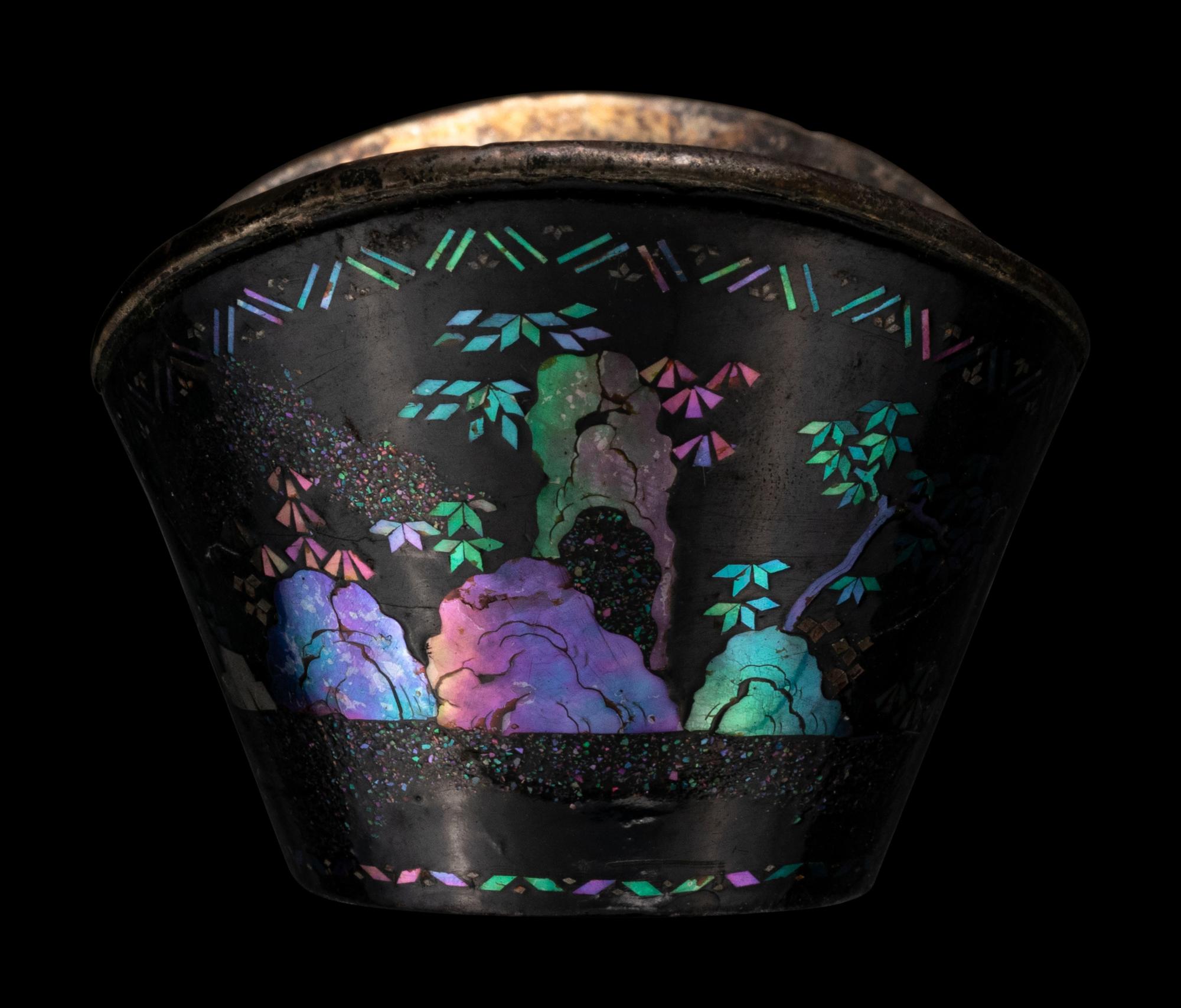 A Set of Six Mother-of-Pearl Inlaid Black Lacquer Ingot-Form Cups
