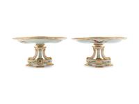 A Pair of Continental Ornithological Painted and Parcel Gilt Porcelain Compotes