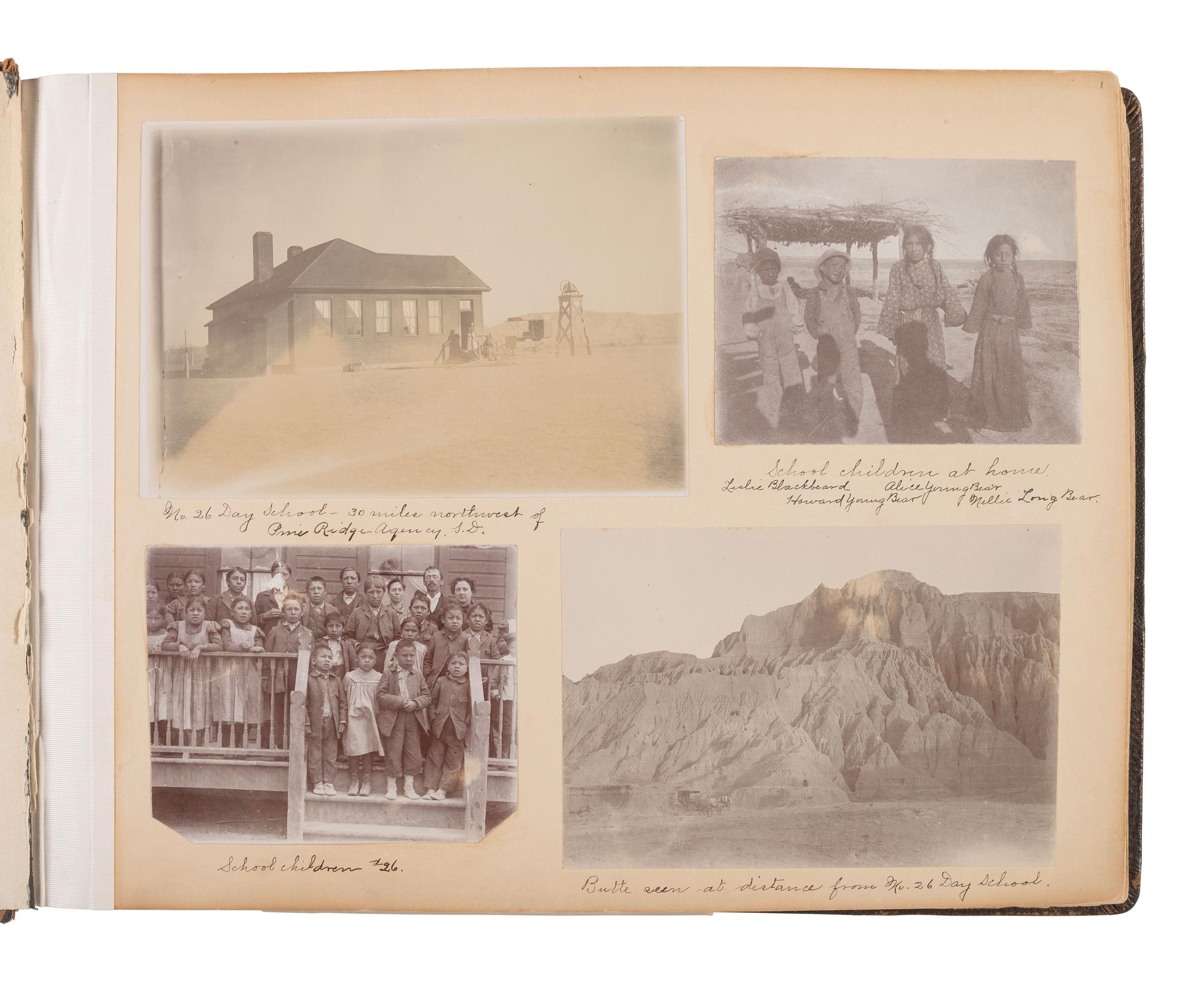 Exceptional album containing photographs of Pine Ridge Reservation and its surroundings, incl. Native American subjects, Indian schools, ceremonies, camp life, and Wounded Knee. Ca late 1890s-early 1900s.
