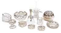 A Collection of Silver Overlay Glass Table Articles Height of tallest 6 1/2 inches.