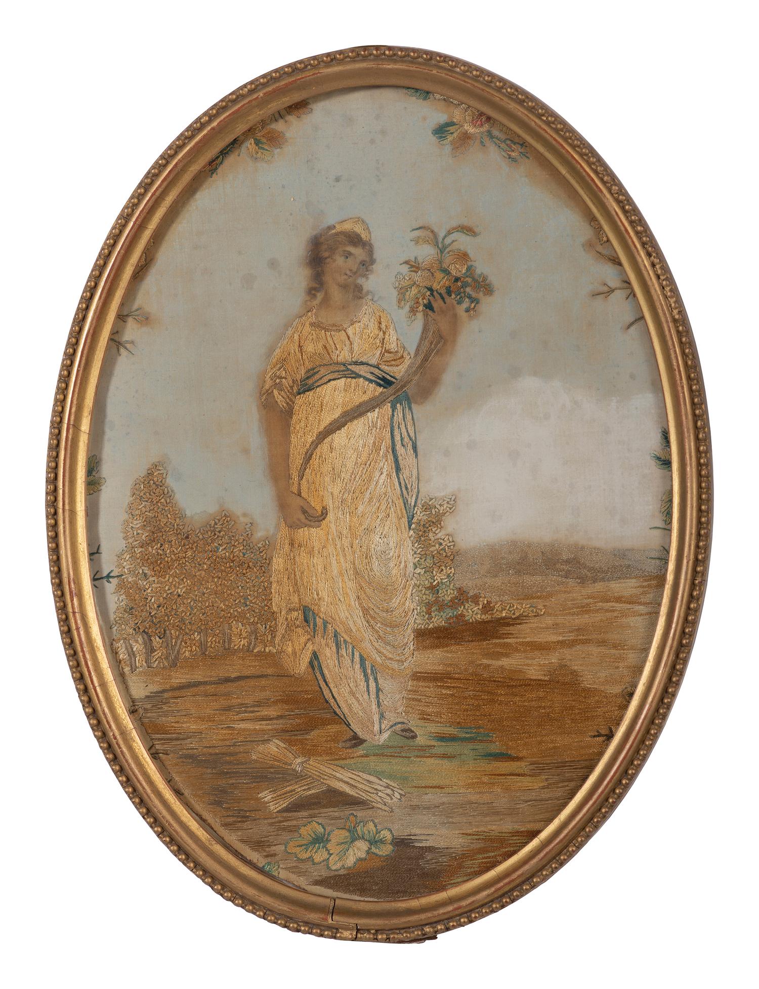 Two English Gilt Thread Embroidered Silk Pictures
