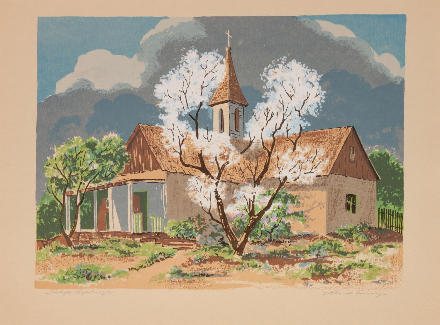 Five Works: Bishop's Chapel, edition 25/130; Spring Pastures , edition 23/130; Lilies , edition 31/120; New Mexico Village , edition 63/115; The Beaver Pond