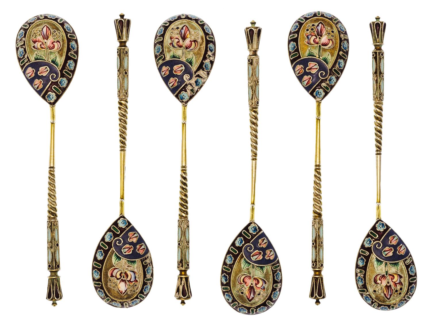 A Set of Six Russian Silver-Gilt and Enamel Demitasse Spoons, Mark of 11th Artel, Moscow, early 20th century, each having an enameled f